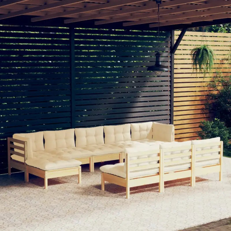 Houten tuinmeubelset van massief grenenhout met voetenbank en kussens - Bruin en crème - Tuinsets