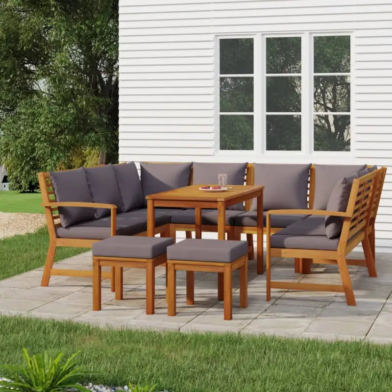 Houten tuinset van massief acaciahout met olieafwerking en comfortabele kussens - Donkergrijs / 2x bench + 2x corner
