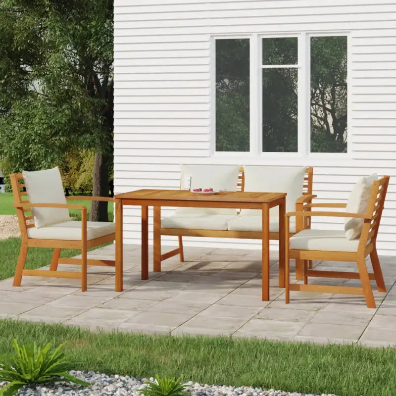 Houten tuinset van massief acaciahout met olieafwerking en comfortabele kussens - Crèmewit / Bank + 2x stoel + Tafel