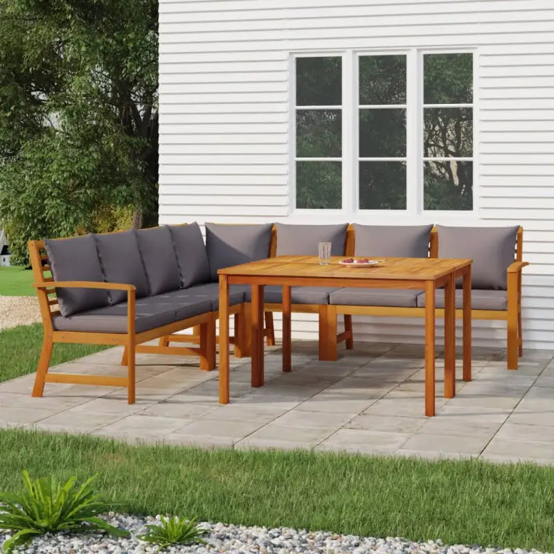 Houten tuinset van massief acaciahout met olieafwerking en comfortabele kussens - Donkergrijs / 2x bench + corner + 2x