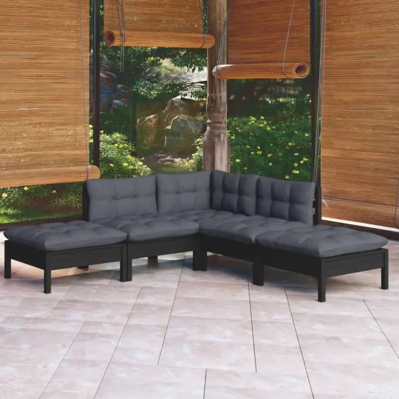 Houten tuinset van massief grenenhout met comfortabele rug- en zijkussens - Zwart - Tuinsets