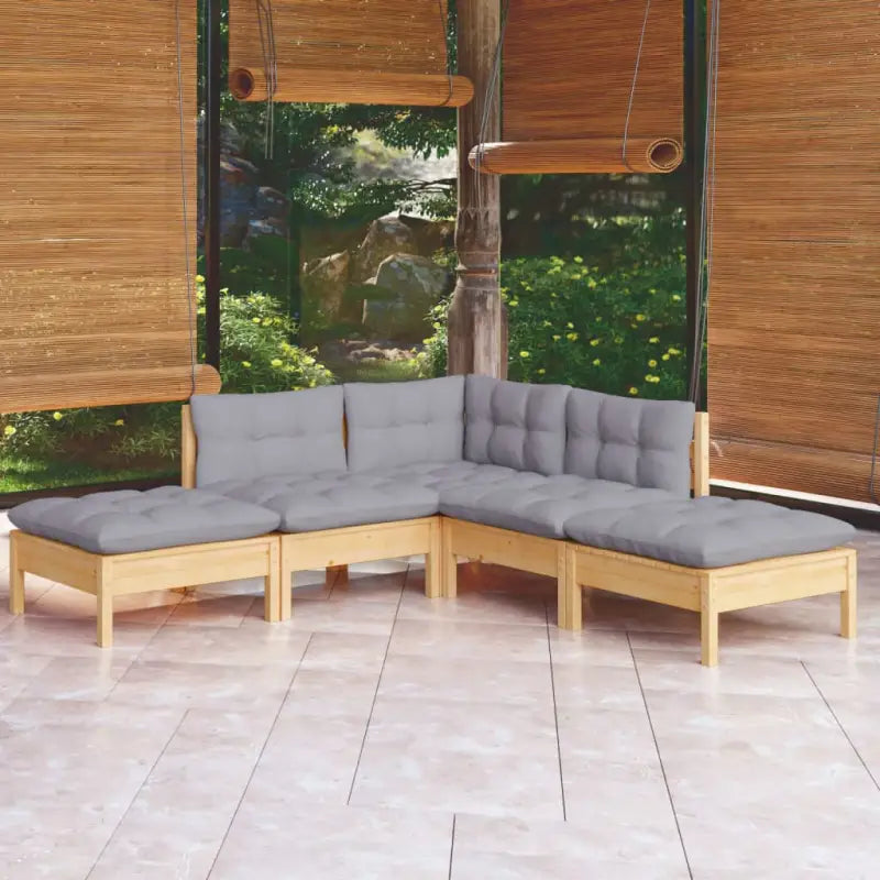 Houten tuinset van massief grenenhout met comfortabele rug- en zijkussens - Bruin en grijs - Tuinsets