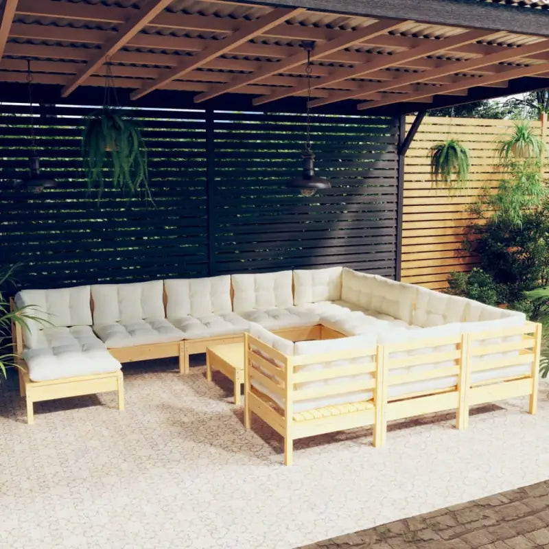 Houten tuinset van massief grenenhout met voetenbank en comfort rugkussens - Bruin en crème - Tuinsets