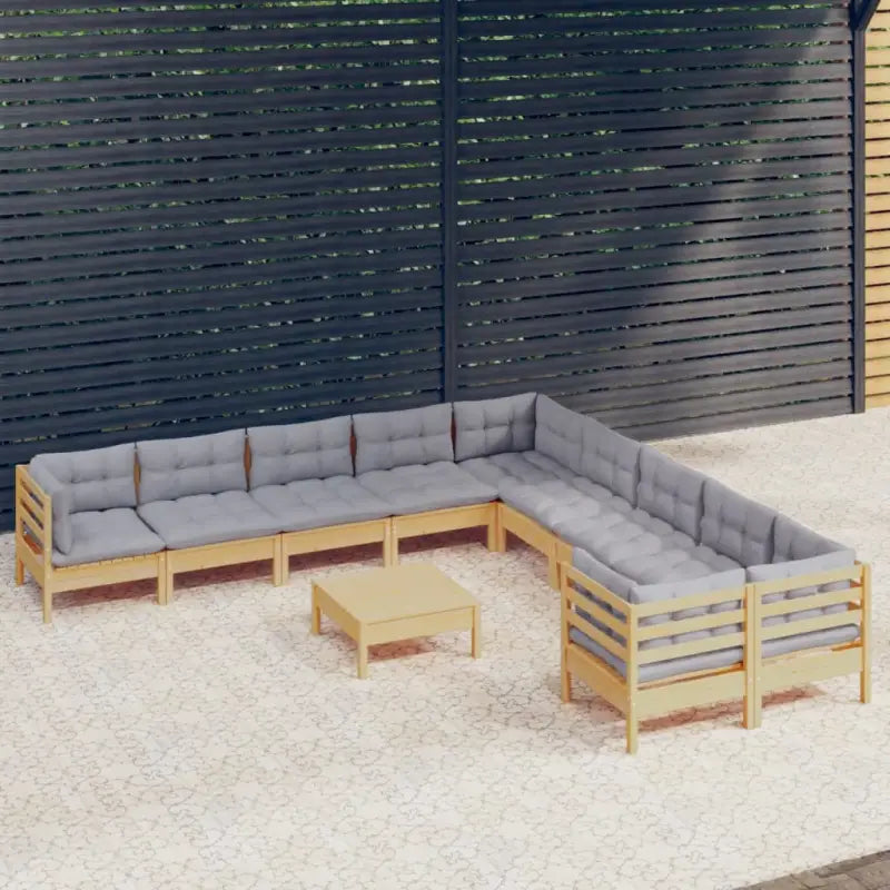 Houten tuinset van massief grenenhout met voetenbank en rugkussens - Bruin en grijs - Tuinsets