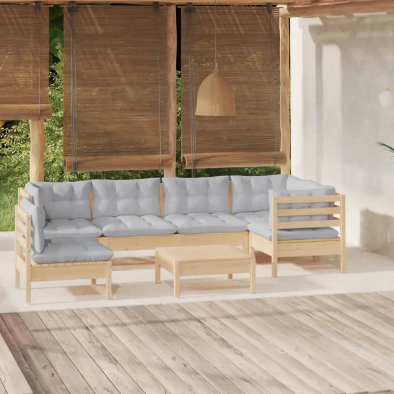Houten tuinset van massief grenenhout met voetenbank en rugkussens - Bruin en grijs - Tuinsets