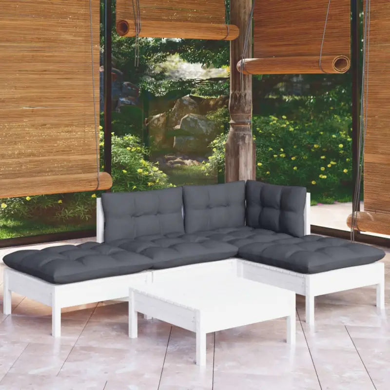 Houten tuinset van massief grenenhout met voetenbank tafel en rugzijkussen - Wit - Tuinsets
