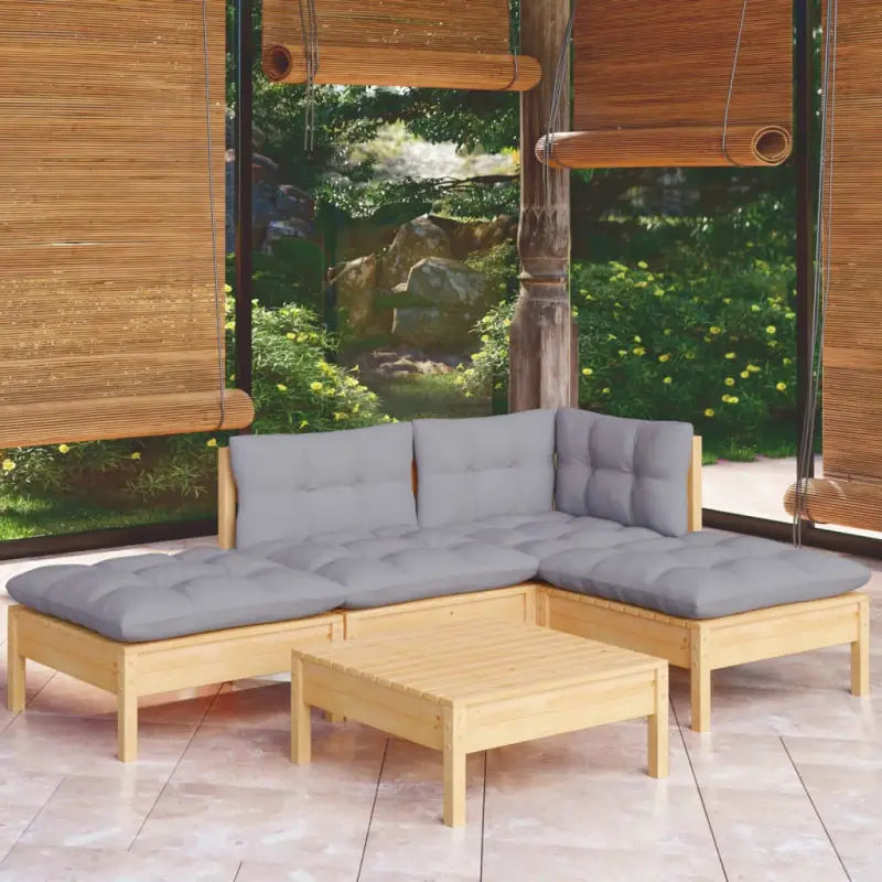 Houten tuinset van massief grenenhout met voetenbank tafel en rugzijkussen - Tuinsets