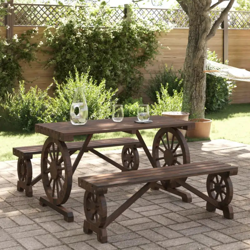 Houten tuinset van massief vurenhout met gebrande uitstraling - Bruin / 2x Bank + Tafel - Tuinsets