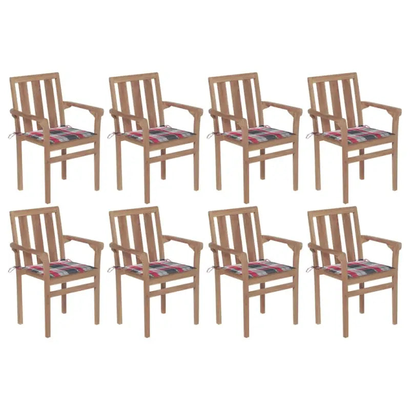 Houten tuinstoelen set met hard teakhout en fijn geschuurde afwerking - Rood ruitpatroon / 8 - Tuinstoelen