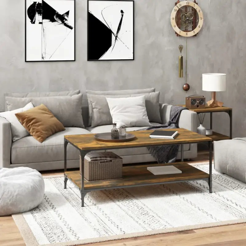Industriële salontafel met bewerkt hout en aanpasbare poten - Gerookt eiken / 80 x 50 x 40 cm / 1 - Salontafels
