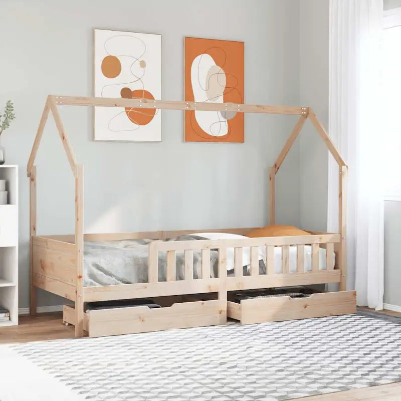 Kinderbed met huisje in massief grenenhout en open dakstructuur - Naturel / 90 x 200 cm - Bedden & bedframes