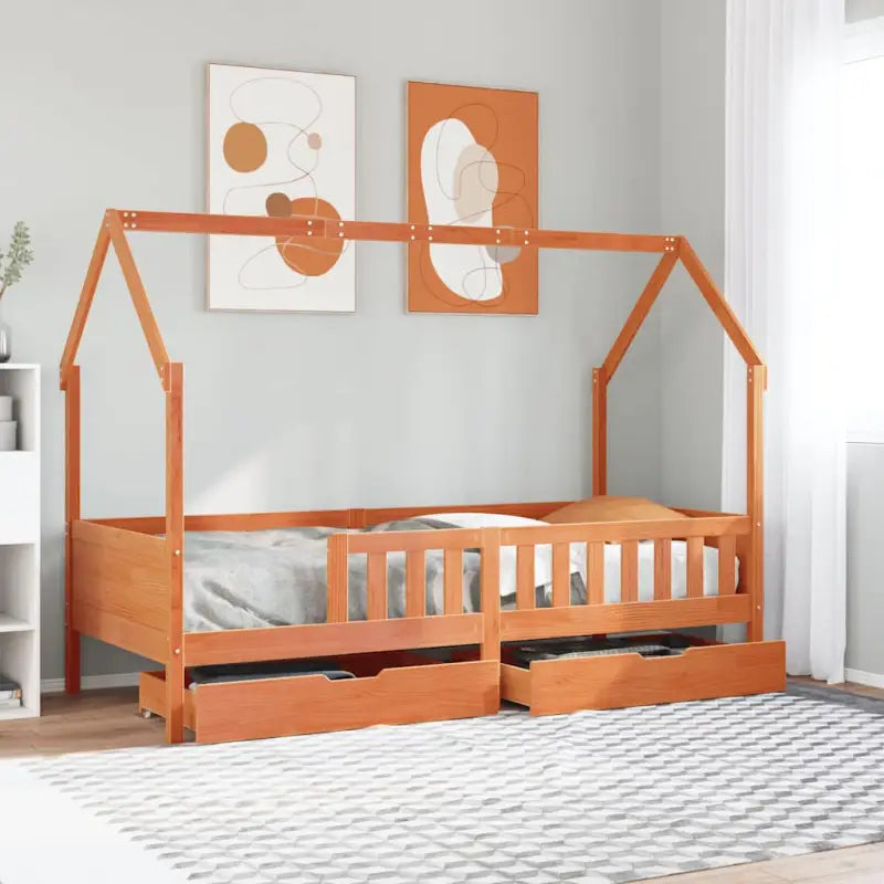 Kinderbed met huisje in massief grenenhout en open dakstructuur - Wasbruin / 80 x 200 cm - Bedden & bedframes