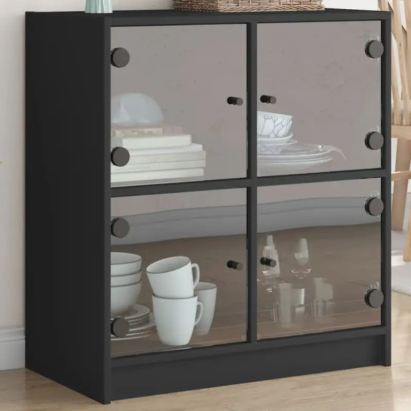 Klassiek dressoir met glazen deuren en duurzame bewerkte houtlook - Zwart / 1 - Dressoirs & buffetkasten