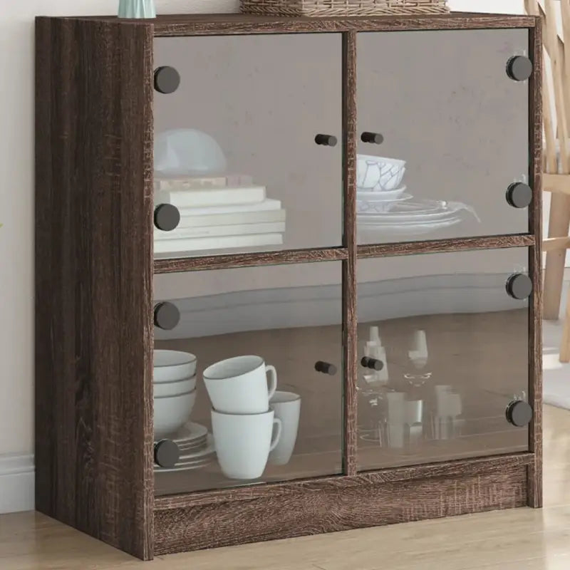 Klassiek dressoir met glazen deuren en duurzame bewerkte houtlook - bruin eikenkleur / 1 - Dressoirs & buffetkasten