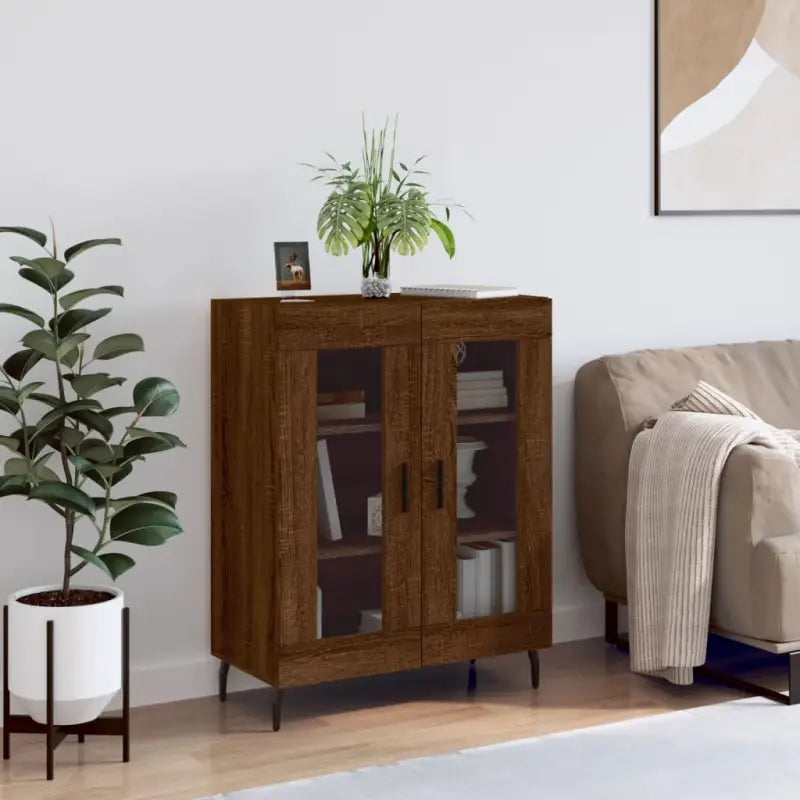 Klassiek Dressoir van bewerkt hout met glazen details - bruin eikenkleur / 1 - Dressoirs & buffetkasten