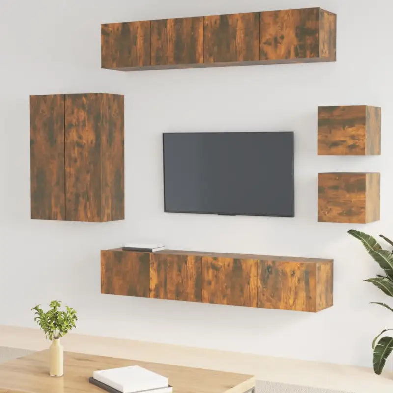 Klassieke tv-meubelset van bewerkt hout met trendy en praktische stijl - Gerookt eiken / 8 / 90 cm - Tv-meubels