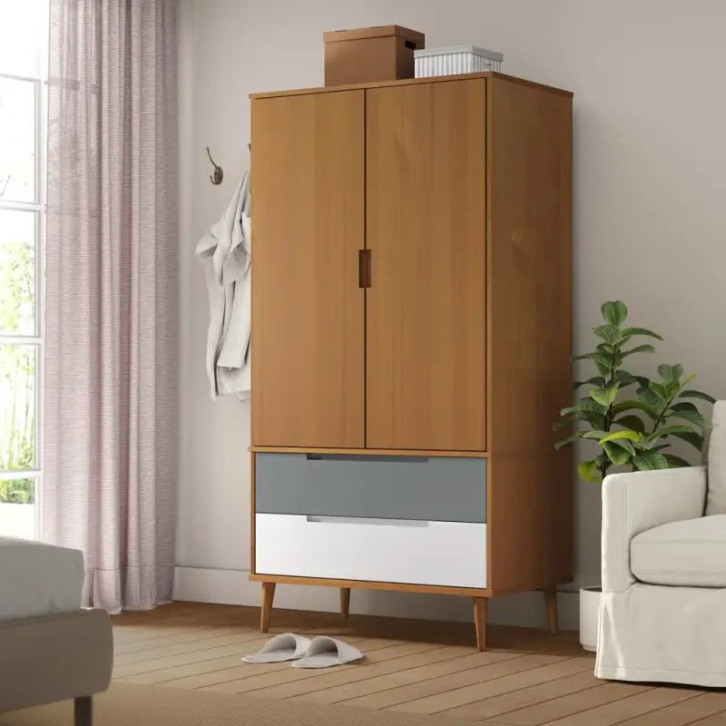 Kledingkast van massief grenenhout met Scandinavisch design - Bruin / 1 - Kledingkasten