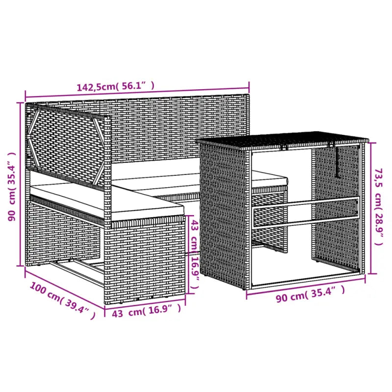 L-vormige tuinbank met inklapbare tafel en poly rattan voor buitengebruik - Tuinsets