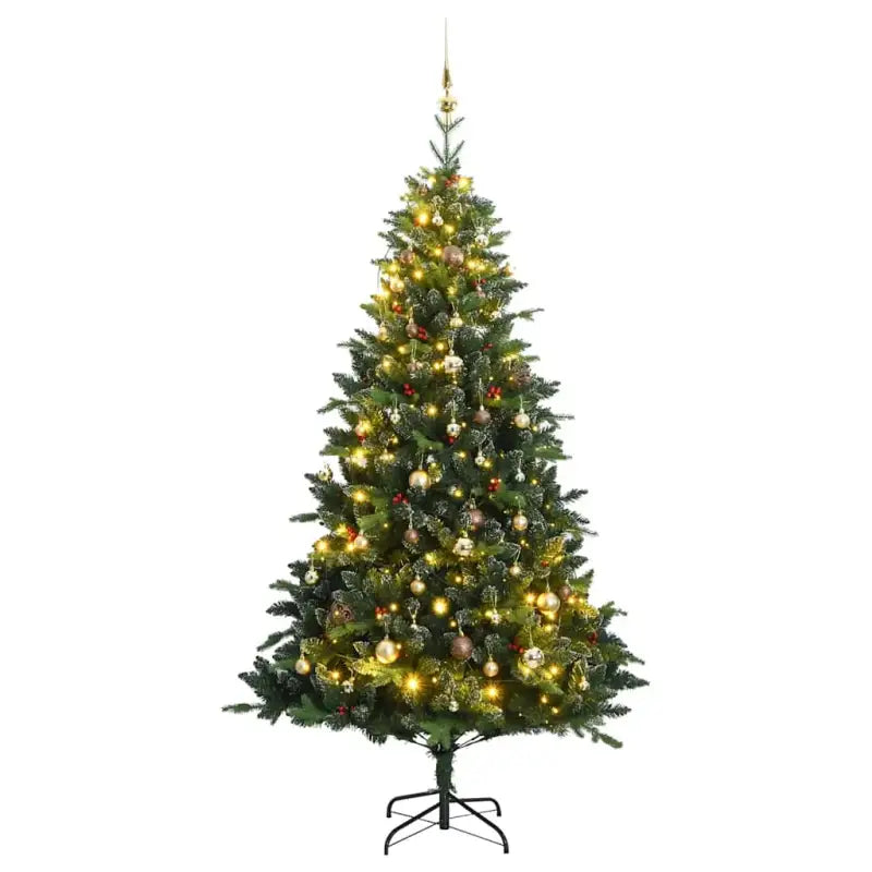 Levensechte kunstkerstboom met rode bessen en automatische takken - 240 cm / 1 / met LED’s en goudkleurige ballen