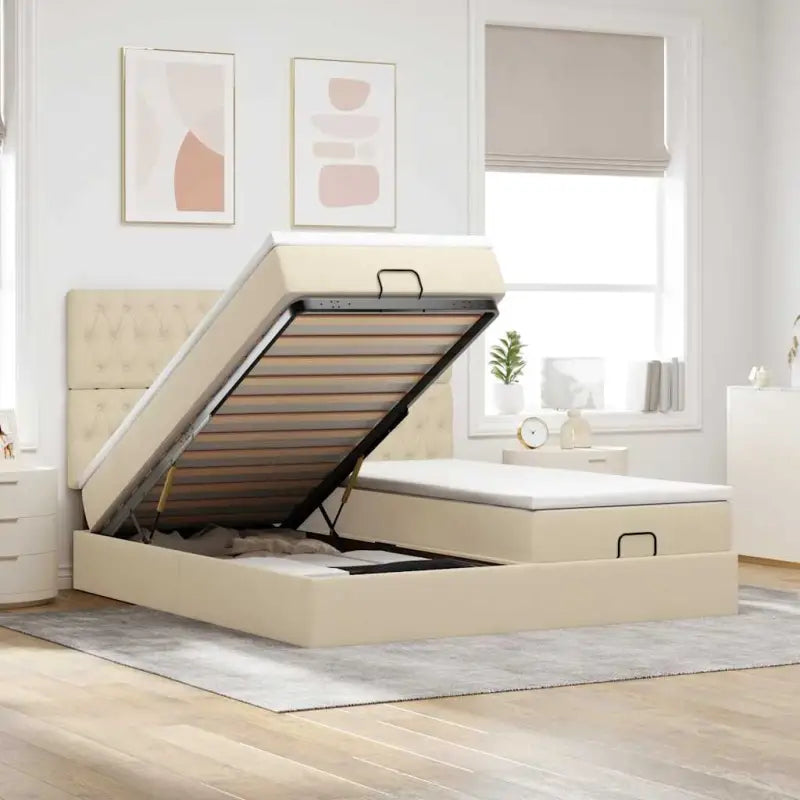 Lichtgrijs Ottomaanse Bed met ruime opbergruimte en comfortabel matras - Crème / 200 x 200 cm / Getuft ontwerp - Bedden