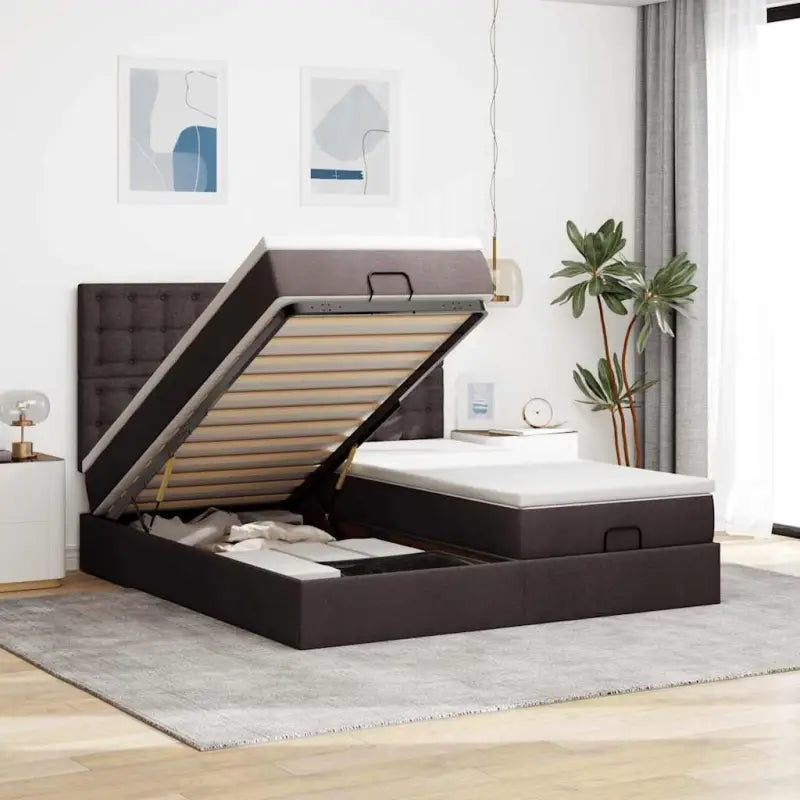 Lichtgrijs Ottomaanse Bed met ruime opbergruimte en comfortabel matras - Donkerbruin / 200 x 200 cm / knopen - Bedden &