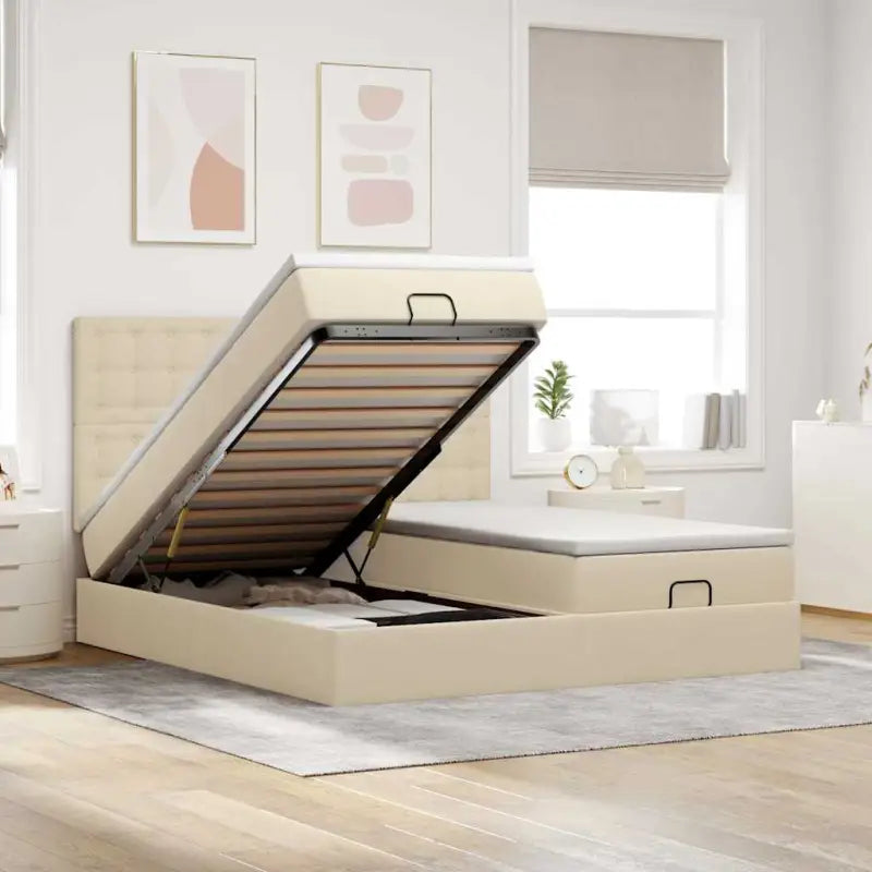 Lichtgrijs Ottomaanse Bed met ruime opbergruimte en comfortabel matras - Crème / 200 x 200 cm / knopen - Bedden &