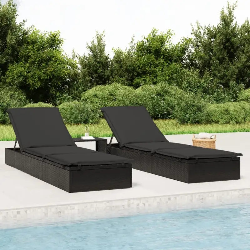 Ligstoelen met tafel van PE-rattan in grijs materiaal voor buitengebruik - Zwart / 3 - Ligstoelen