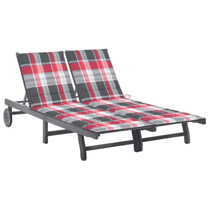 Ligstoelen van massief acaciahout met greywash afwerking voor buiten - Rood ruitpatroon / 200 x 123 x 85 cm / 1