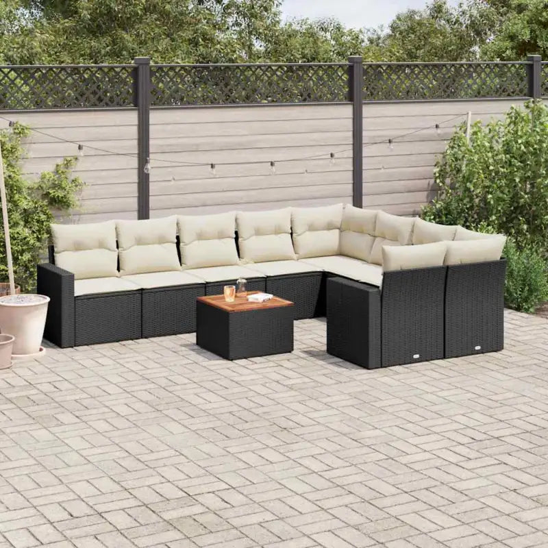Lounge tuinset in gemengd beige materiaal voor buitenplezier - Zwart en crème / Tafel + 2x hoek + 5x midden - Tuinsets