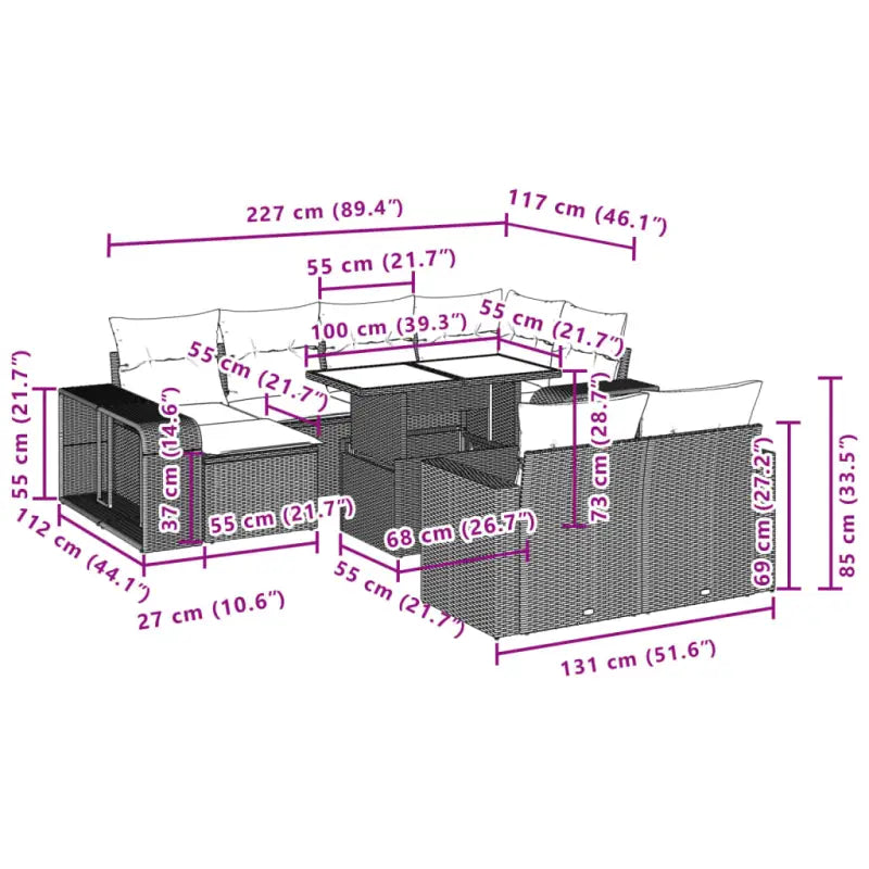 Lounge Tuinset met zwart materiaal en gepoedercoat staal afmetingen - Tuinsets