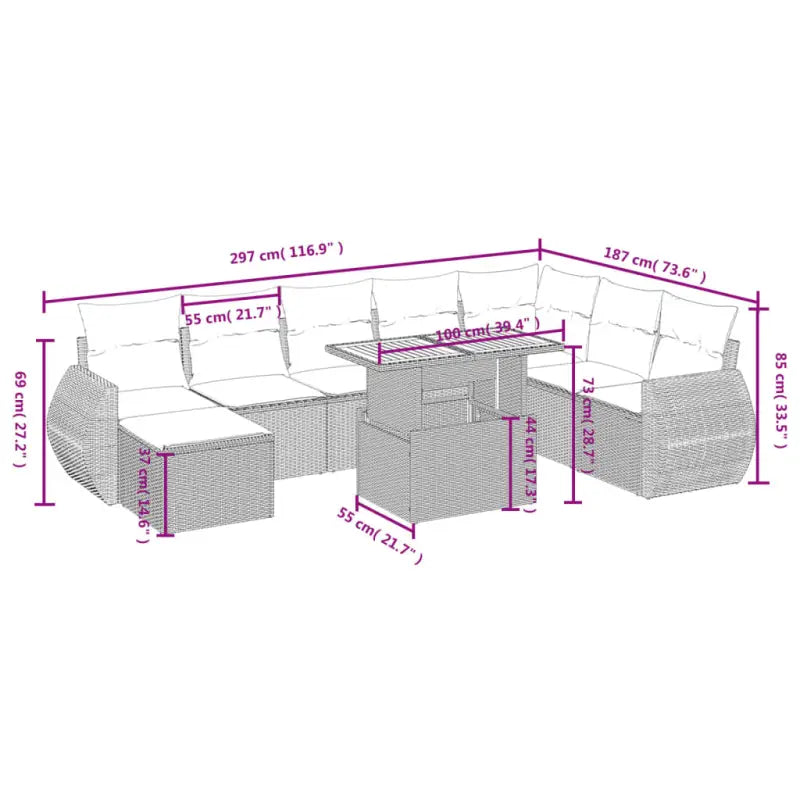 Lounge tuinset van beige materiaal en gepoedercoat staal met afmetingen - Tuinsets