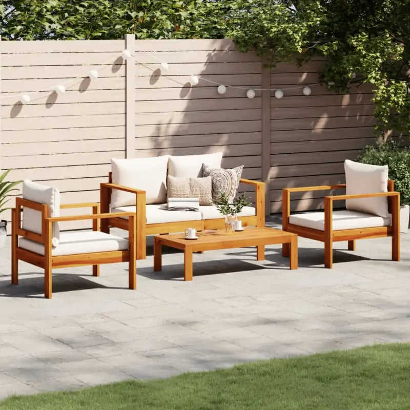 Lounge Tuinset van massief acaciahout met wasbare hoes en olieafwerking - Crème / 2x stoel + Bank + Tafel - Tuinsets