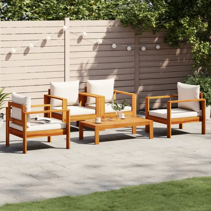 Lounge Tuinset van massief acaciahout met wasbare hoes en olieafwerking - Crème / 4x stoel + tafel - Tuinsets