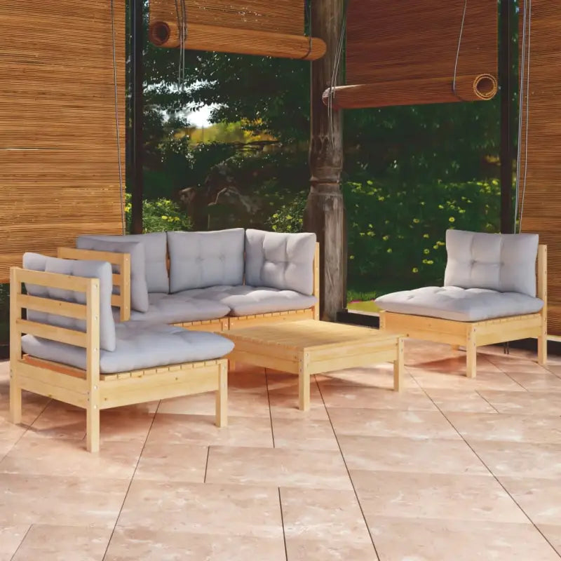 Lounge tuinset van massief grenenhout met voetenbank en tafel - Bruin en grijs - Tuinsets
