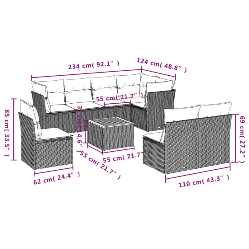 Lounge tuinset van poly rattan en gepoedercoat staal met afgeronde afmetingen - Tuinsets