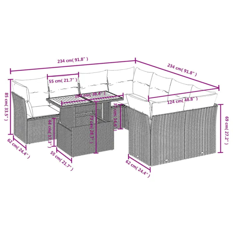Lounge tuinset van zwart materiaal en gepoedercoat staal met afmetingen - Tuinsets