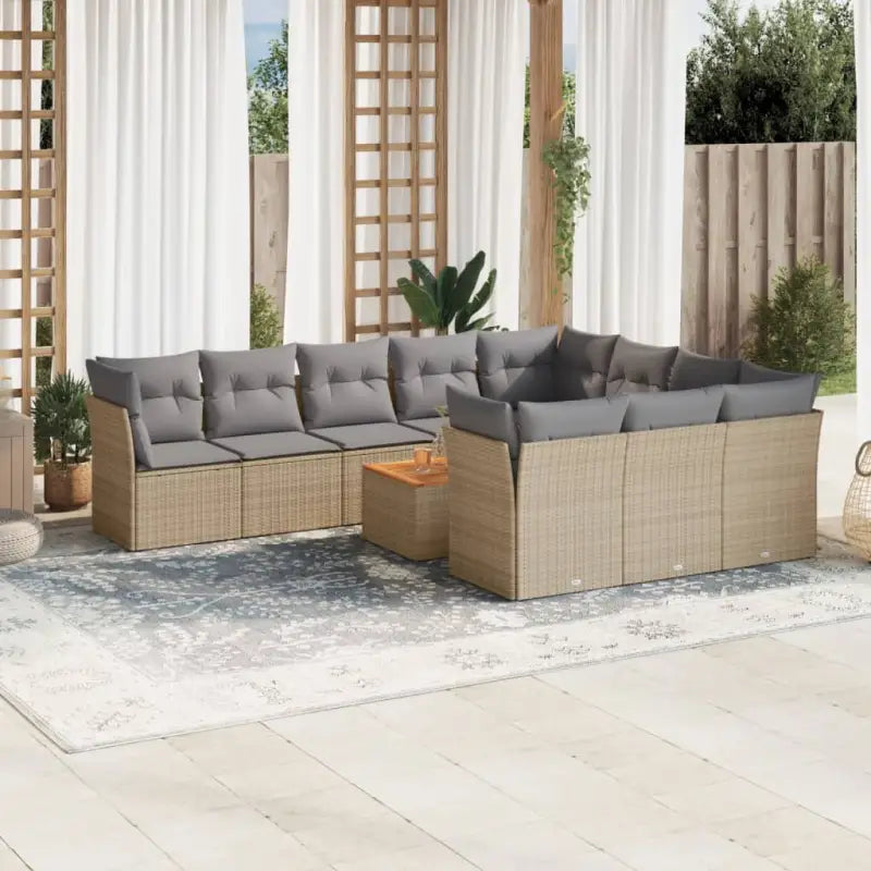 Lounge tuinstoelen van poly rattan en gepoedercoat staal - Beige en grijs / 6x midden + 4x hoek + Tafel - Tuinsets