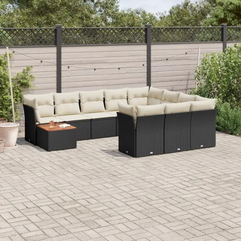 Lounge tuinstoelen van poly rattan en gepoedercoat staal - Zwart en crème / Tafel + 4x hoek + 6x midden - Tuinsets