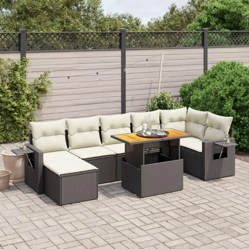 Loungebank in zwart materiaal met gepoedercoat staal Afmetingen - Zwart en crème / 3x midden + 3x hoek + voetensteun