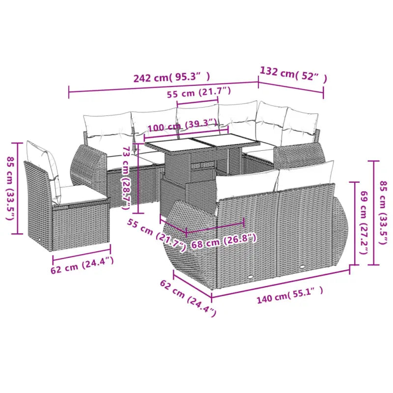Loungebank met beige materiaal en gepoedercoat staal afmetingen - Tuinsets