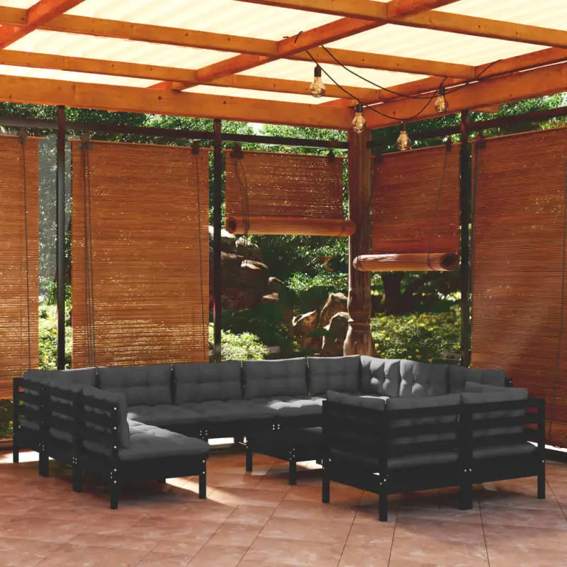 Loungebank met voetenbank en tafel van massief grenenhout - Zwart - Tuinsets