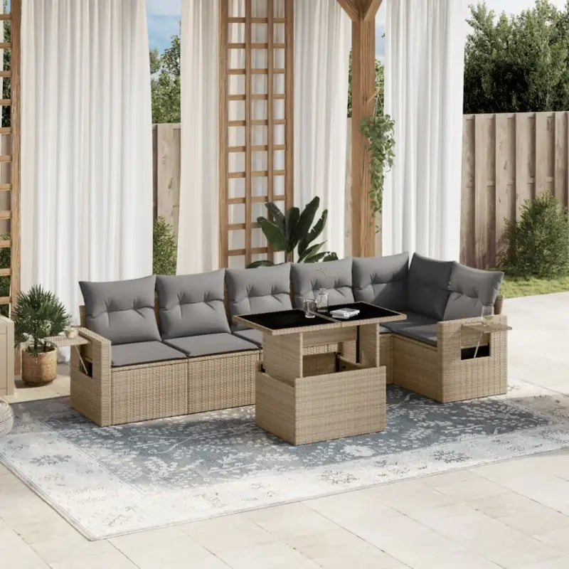 Loungebank set met beige materiaal en gepoedercoat staal afmetingen - Beige en grijs / Met tafel - Tuinsets