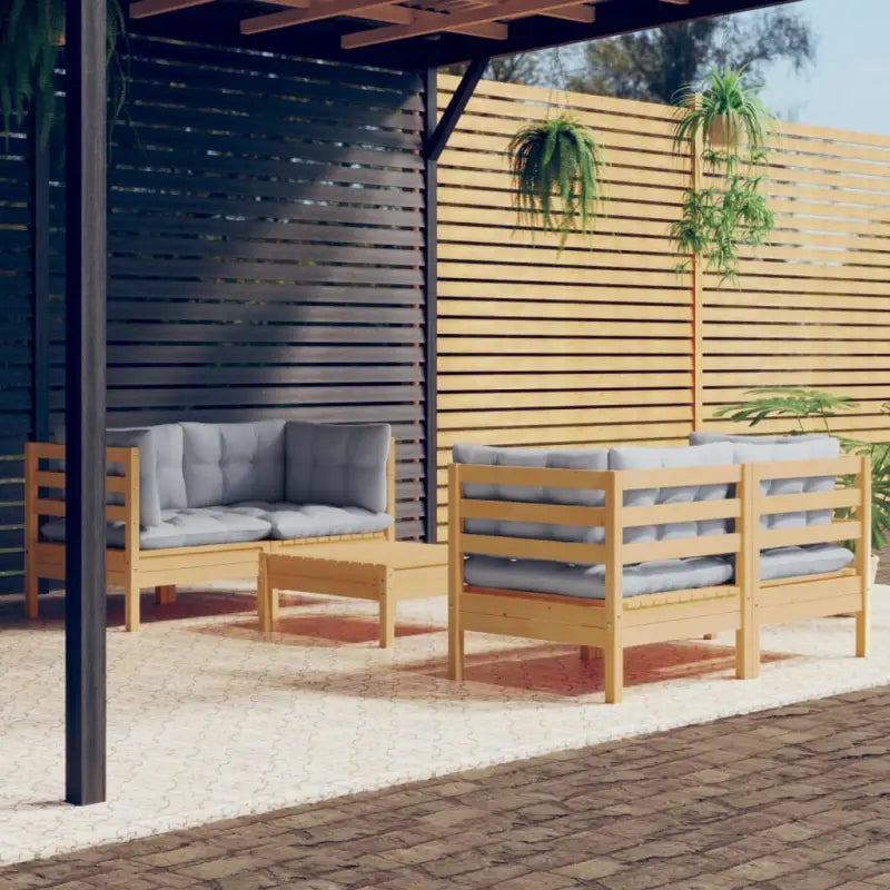 Loungebank set van massief grenenhout met voetenbank en rugkussens - Bruin en grijs - Tuinsets