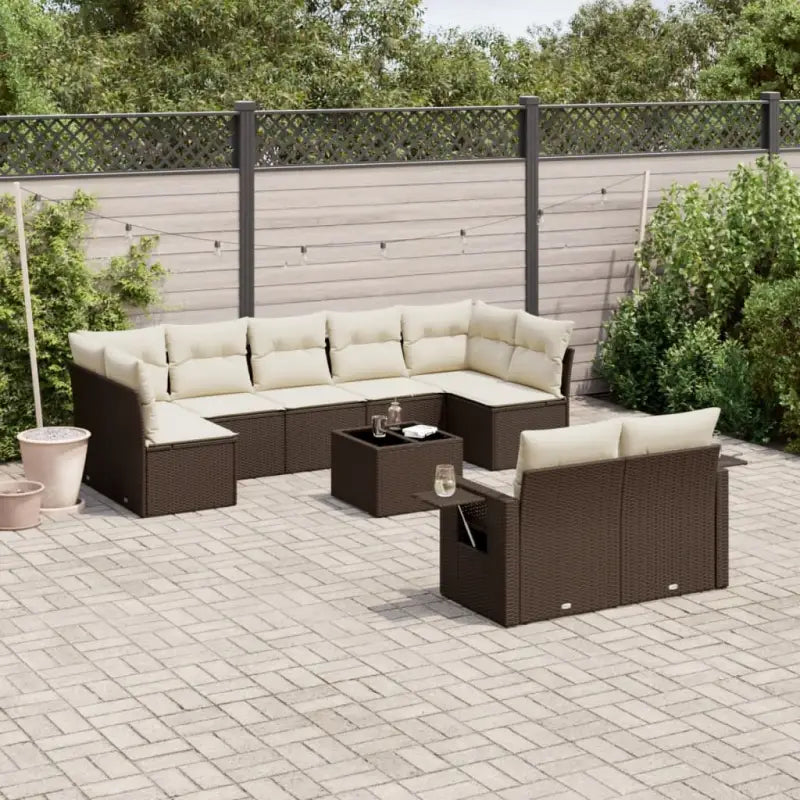 Loungebank van beige materiaal en gepoedercoat staal voor tuin of terras - Bruin en crème / Met tafel - Tuinsets