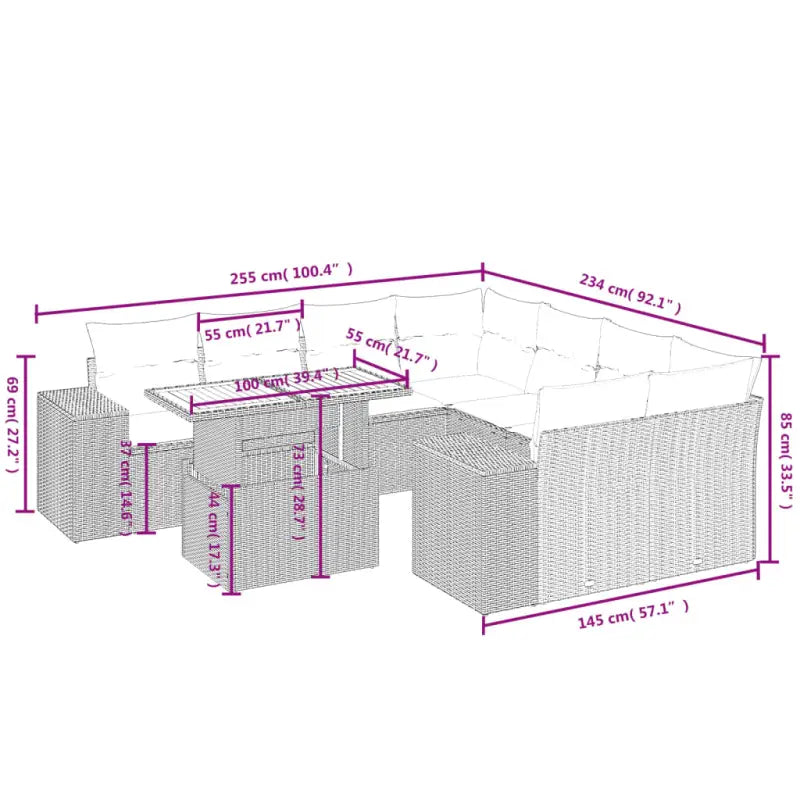 Loungebank van grijs materiaal met gepoedercoat staal afmetingen - Tuinsets