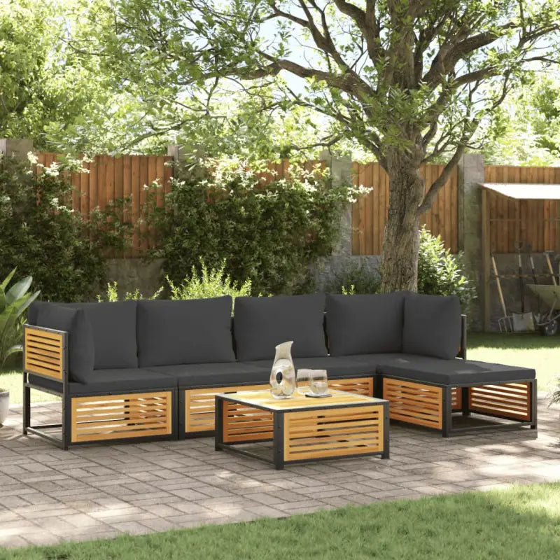 Loungebank van massief acaciahout en gepoedercoat staal voor comfort - Antraciet / 2x hoek + 2x midden + voetensteun