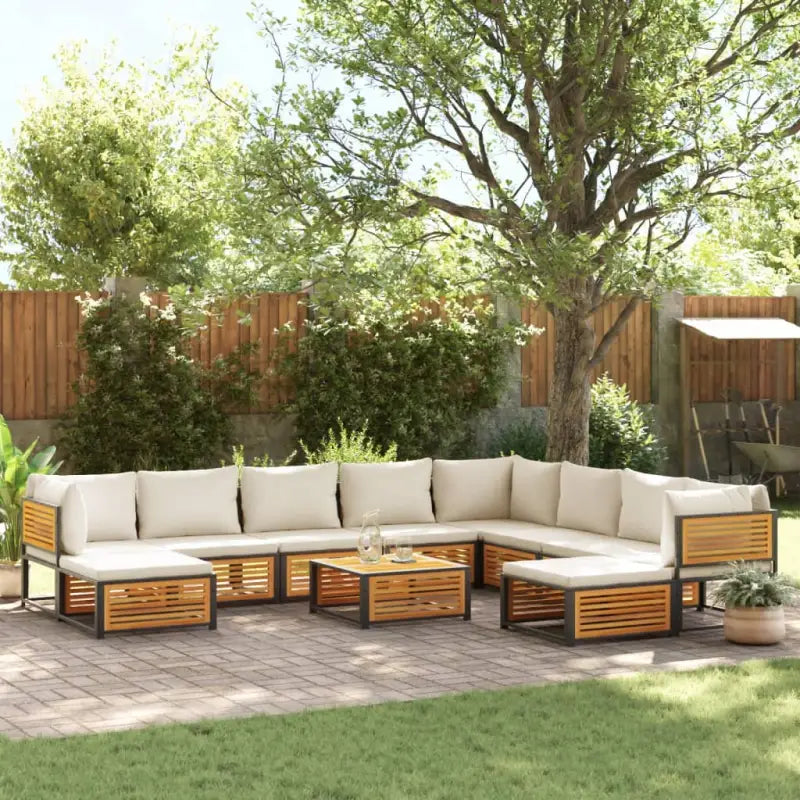 Loungebank van massief acaciahout en gepoedercoat staal voor comfort - Crème / 3x hoek + 5x midden + 2x voetensteun