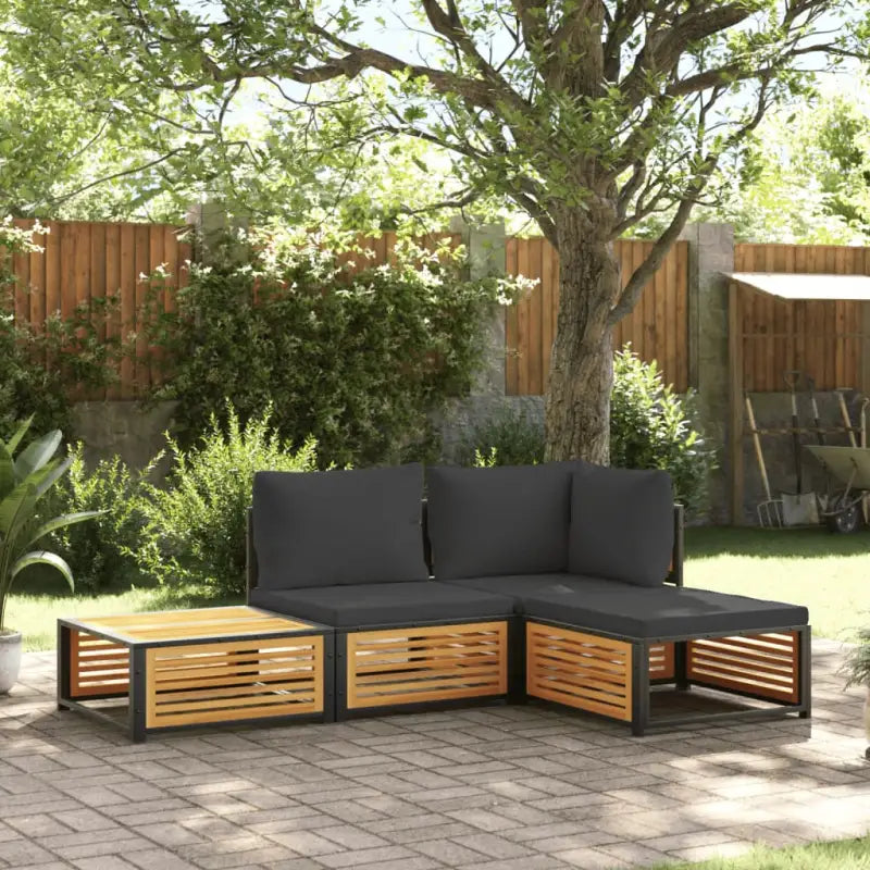 Loungebank van massief acaciahout en gepoedercoat staal voor comfort - Antraciet / hoek + midden + voetensteun + Tafel