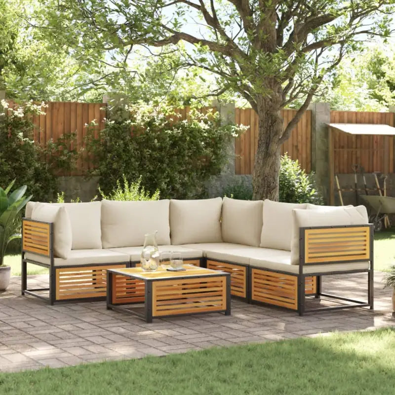 Loungebank van massief acaciahout en gepoedercoat staal voor comfort - Crème / 3x hoek + midden + Tafel - Tuinsets