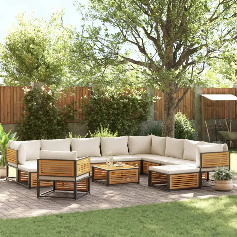 Loungebank van massief acaciahout en gepoedercoat staal voor comfort - Crème / 3x hoek + Fauteuil + 5x midden + 2x